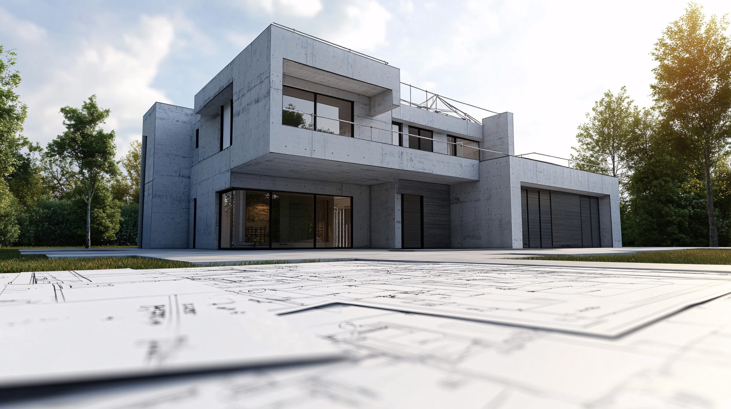 casa moderna en construccion con plan de piso detallado y seguridad scaled