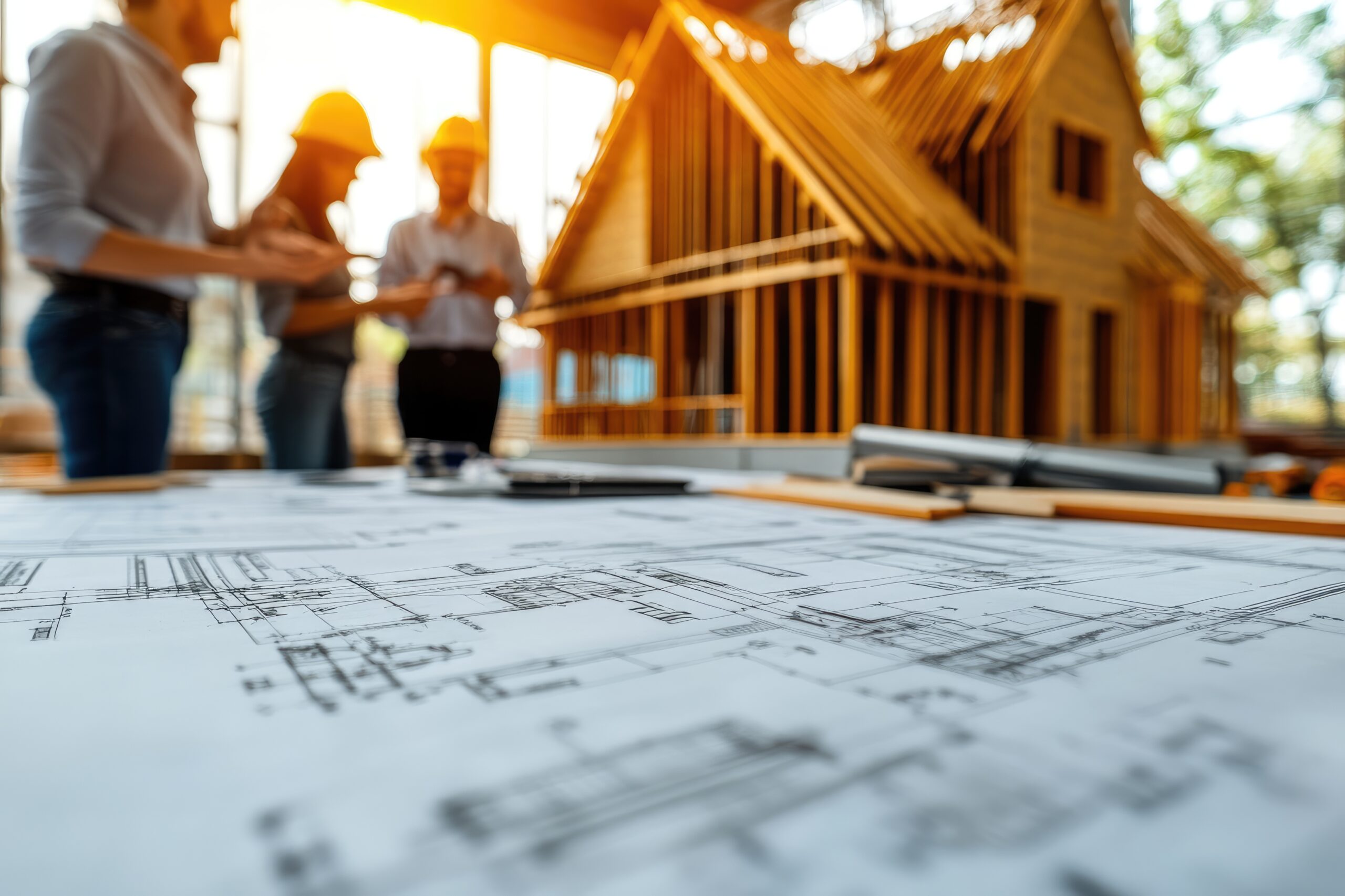 gerente de construccion explicando el proyecto en una tableta digital los trabajadores en el sitio de construccion scaled