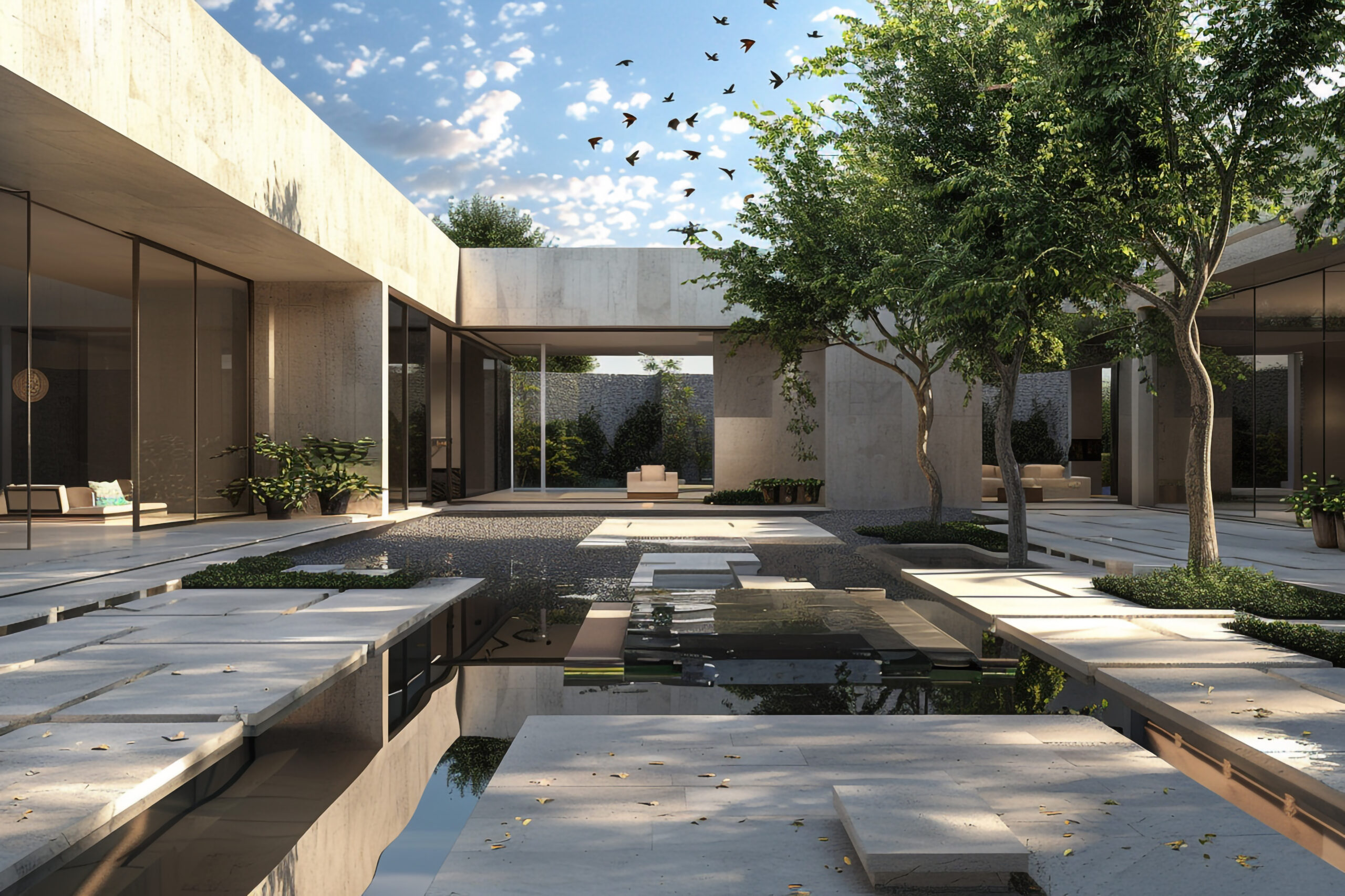 una villa cubica contemporanea con un patio abierto y una fuente de agua scaled